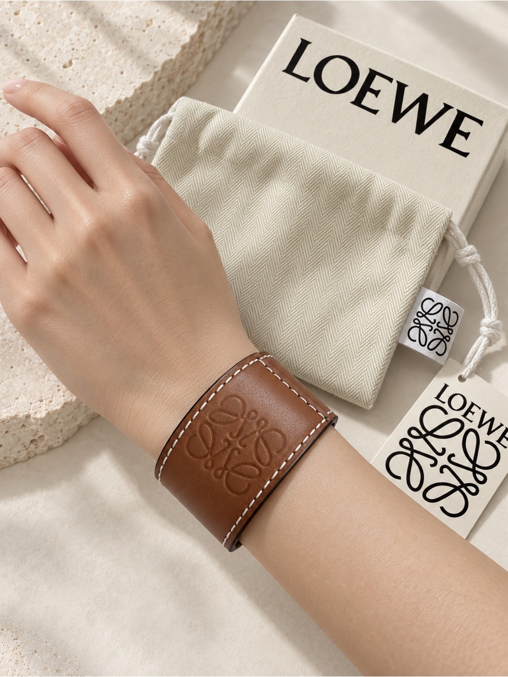 Full Set | LOEWE Tan Calfskin Leather Anagram Slap Bracelet Cuff (Made in Spain)